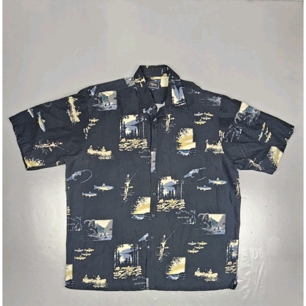 Vintage Roper Button Up Shirt Mens XL Black Silver Creek Fish Print‎ AOP Outdoor